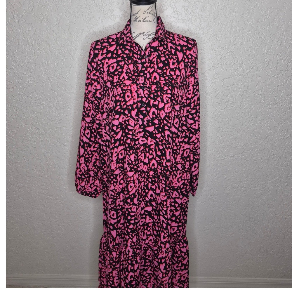 Loft Outlet Pink Black Heart Leopard Print Button Down Midi Tiered Dress Small